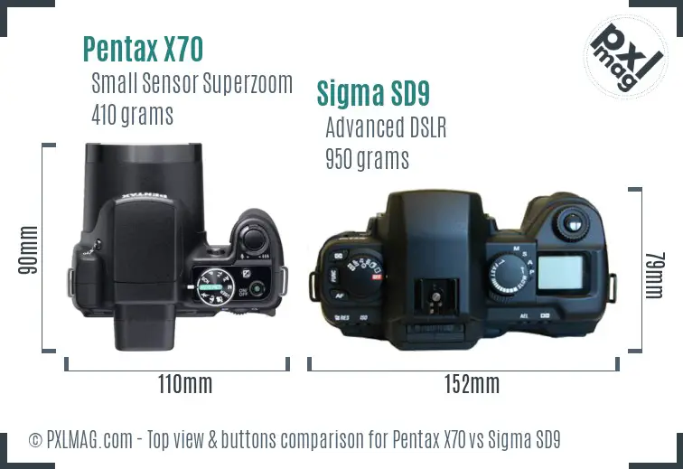 Pentax X70 vs Sigma SD9 top view buttons comparison
