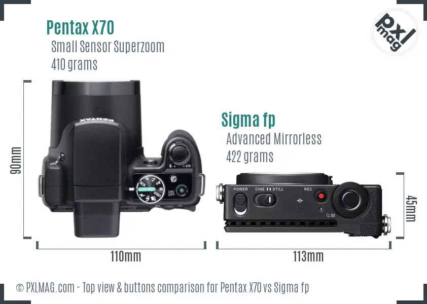 Pentax X70 vs Sigma fp top view buttons comparison
