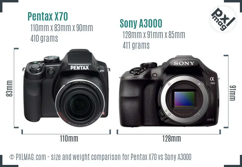 Pentax X70 vs Sony A3000 size comparison