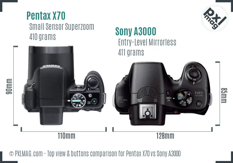 Pentax X70 vs Sony A3000 top view buttons comparison