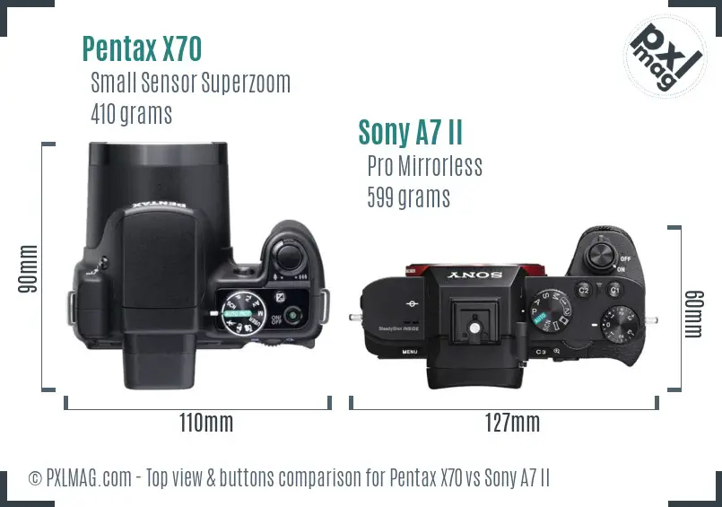Pentax X70 vs Sony A7 II top view buttons comparison