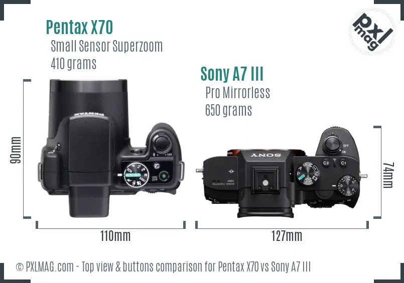 Pentax X70 vs Sony A7 III top view buttons comparison