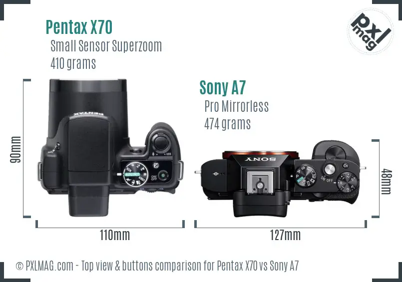 Pentax X70 vs Sony A7 top view buttons comparison