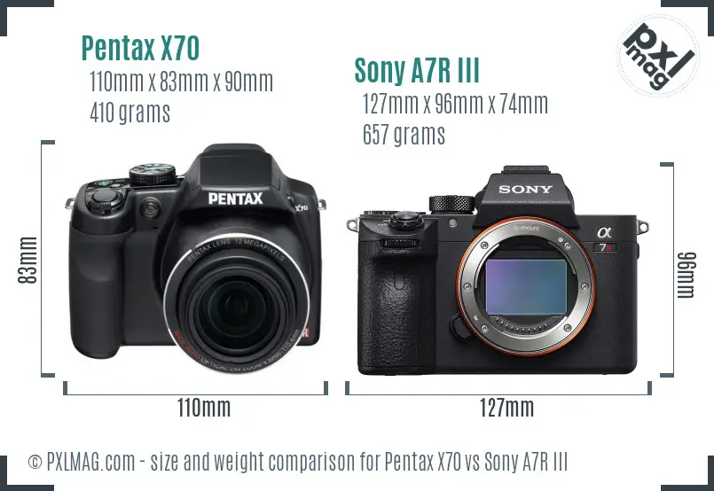 Pentax X70 vs Sony A7R III size comparison
