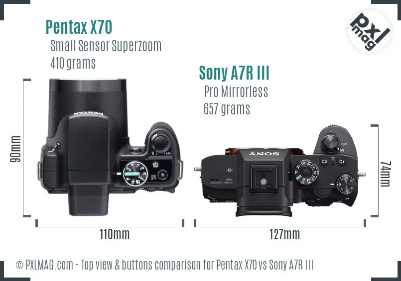 Pentax X70 vs Sony A7R III top view buttons comparison