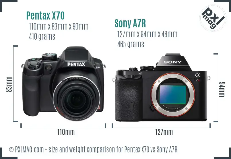 Pentax X70 vs Sony A7R size comparison