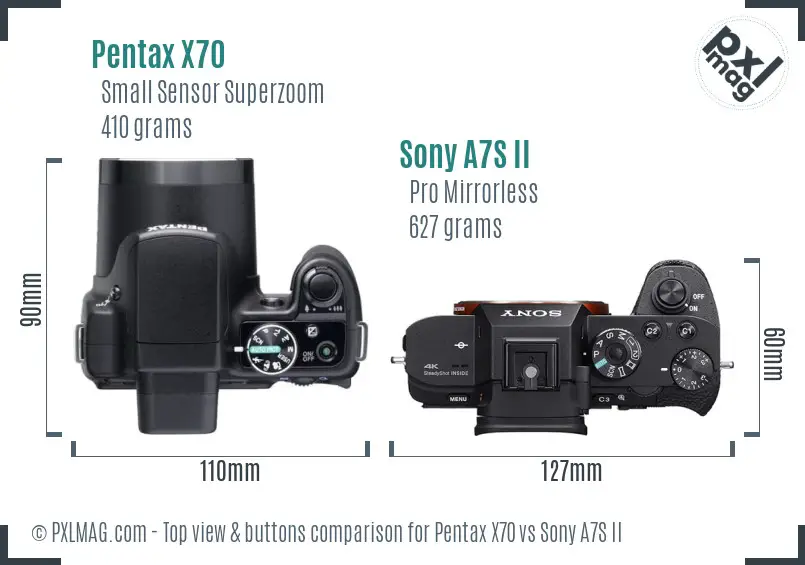 Pentax X70 vs Sony A7S II top view buttons comparison