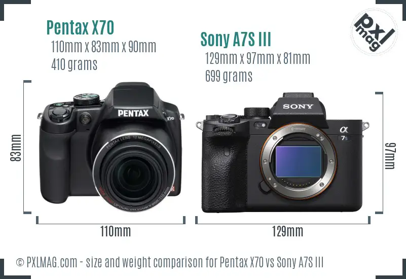 Pentax X70 vs Sony A7S III size comparison