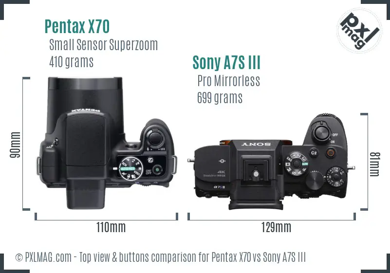 Pentax X70 vs Sony A7S III top view buttons comparison