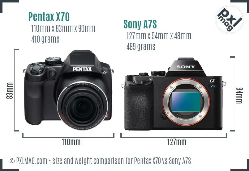 Pentax X70 vs Sony A7S size comparison