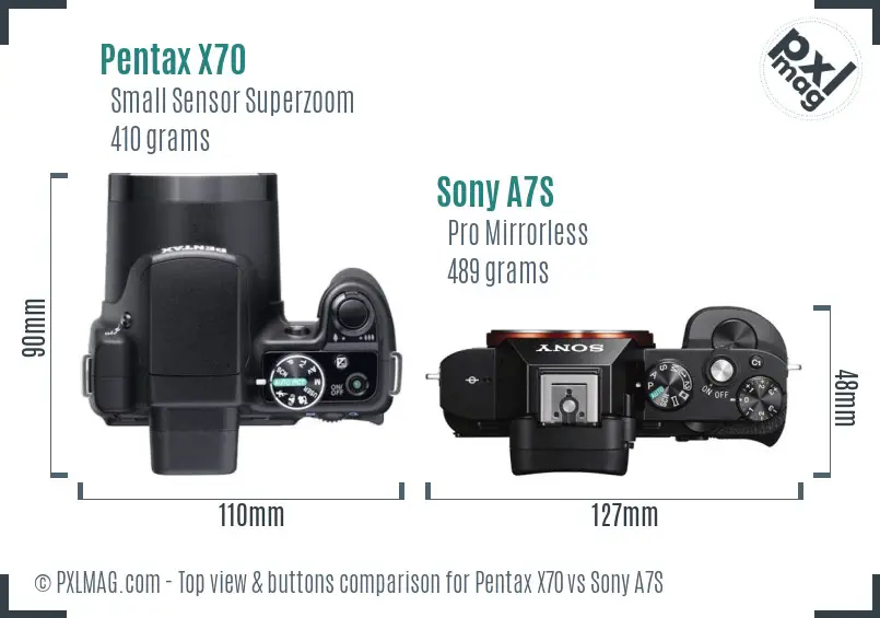 Pentax X70 vs Sony A7S top view buttons comparison