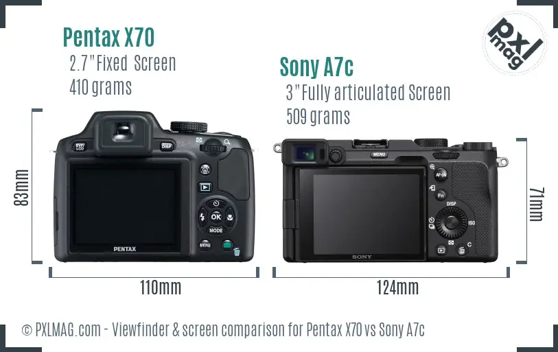 Pentax X70 vs Sony A7c Screen and Viewfinder comparison