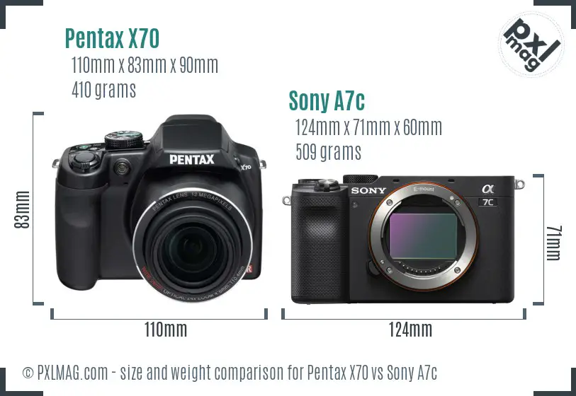 Pentax X70 vs Sony A7c size comparison