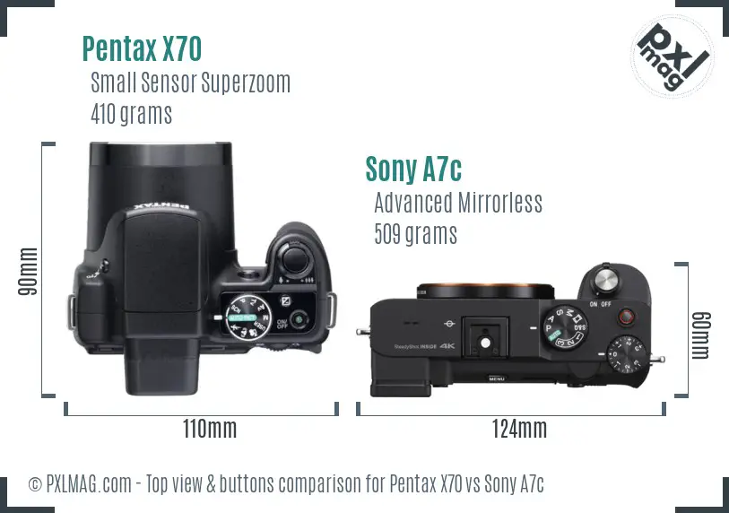 Pentax X70 vs Sony A7c top view buttons comparison