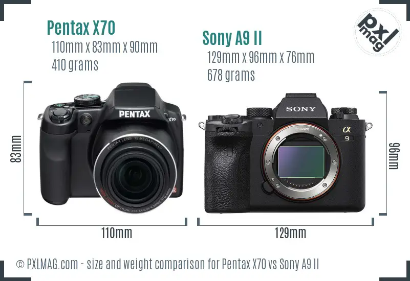 Pentax X70 vs Sony A9 II size comparison