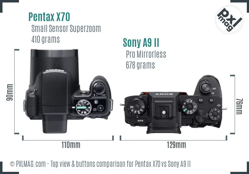 Pentax X70 vs Sony A9 II top view buttons comparison