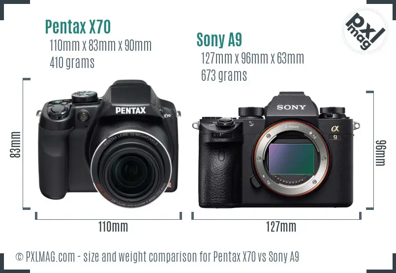 Pentax X70 vs Sony A9 size comparison