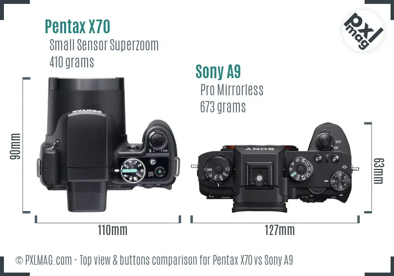 Pentax X70 vs Sony A9 top view buttons comparison