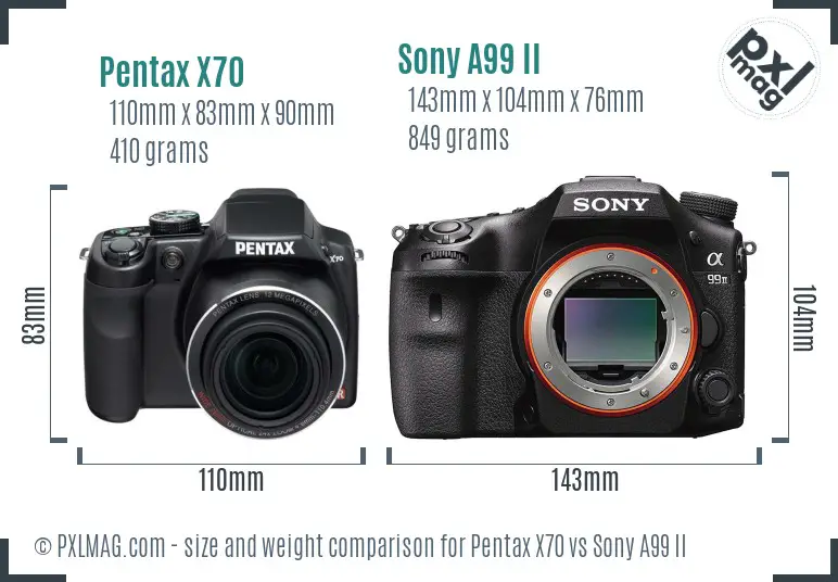 Pentax X70 vs Sony A99 II size comparison