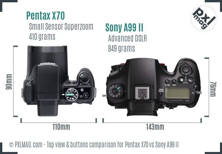 Pentax X70 vs Sony A99 II top view buttons comparison