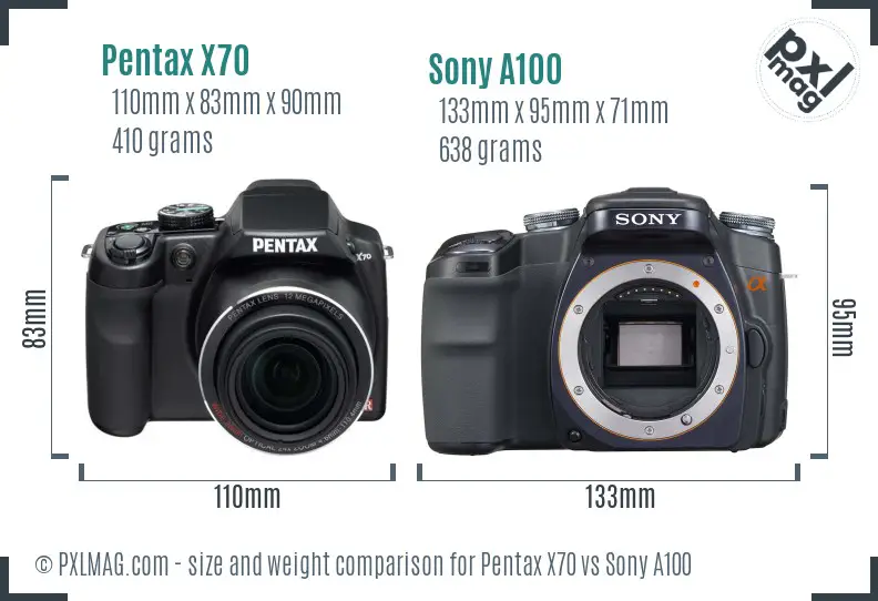 Pentax X70 vs Sony A100 size comparison