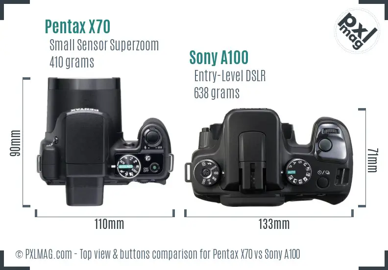 Pentax X70 vs Sony A100 top view buttons comparison