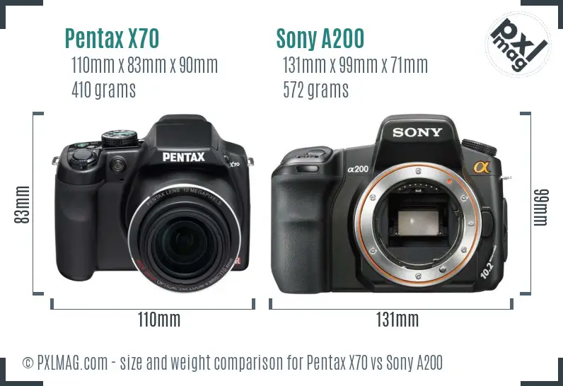 Pentax X70 vs Sony A200 size comparison