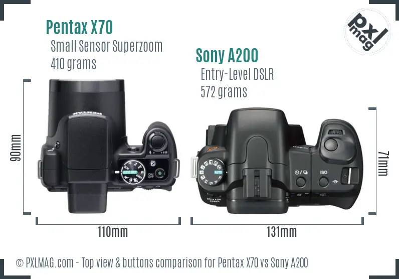 Pentax X70 vs Sony A200 top view buttons comparison