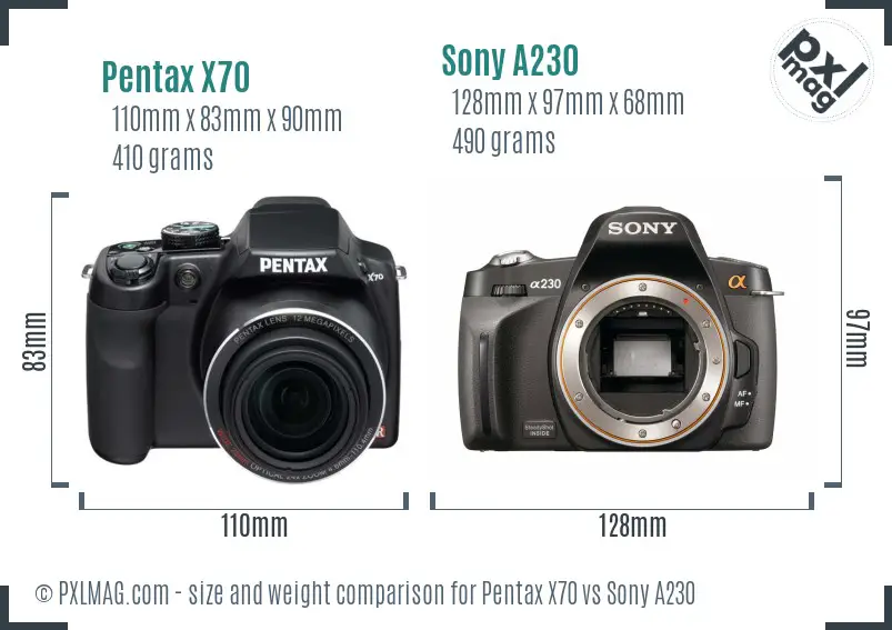 Pentax X70 vs Sony A230 size comparison