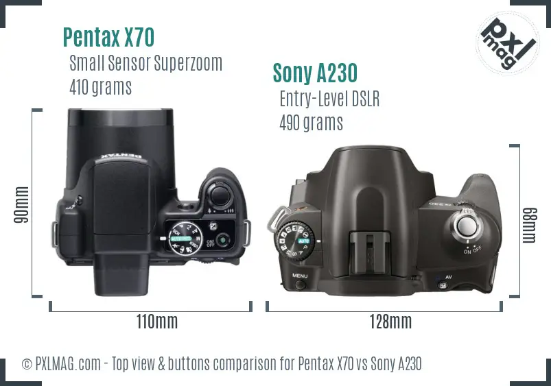 Pentax X70 vs Sony A230 top view buttons comparison