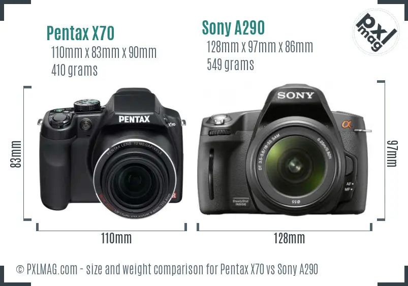 Pentax X70 vs Sony A290 size comparison