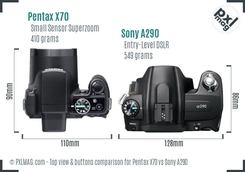 Pentax X70 vs Sony A290 top view buttons comparison