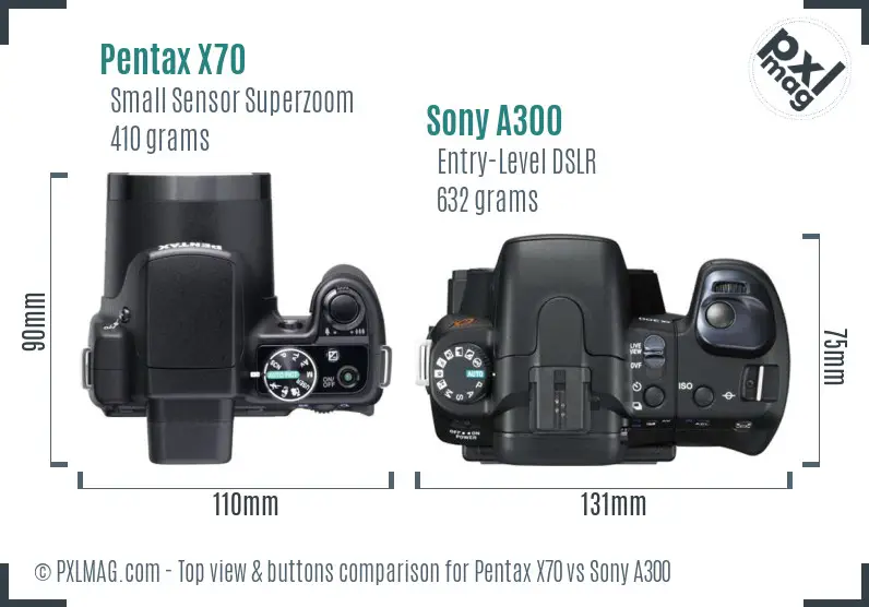 Pentax X70 vs Sony A300 top view buttons comparison