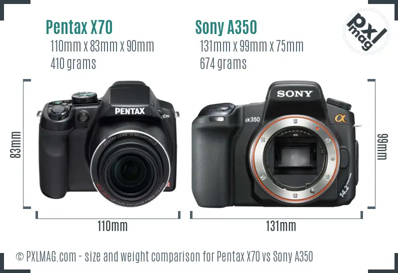 Pentax X70 vs Sony A350 size comparison