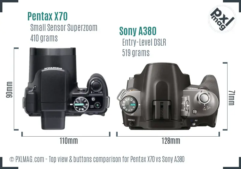 Pentax X70 vs Sony A380 top view buttons comparison