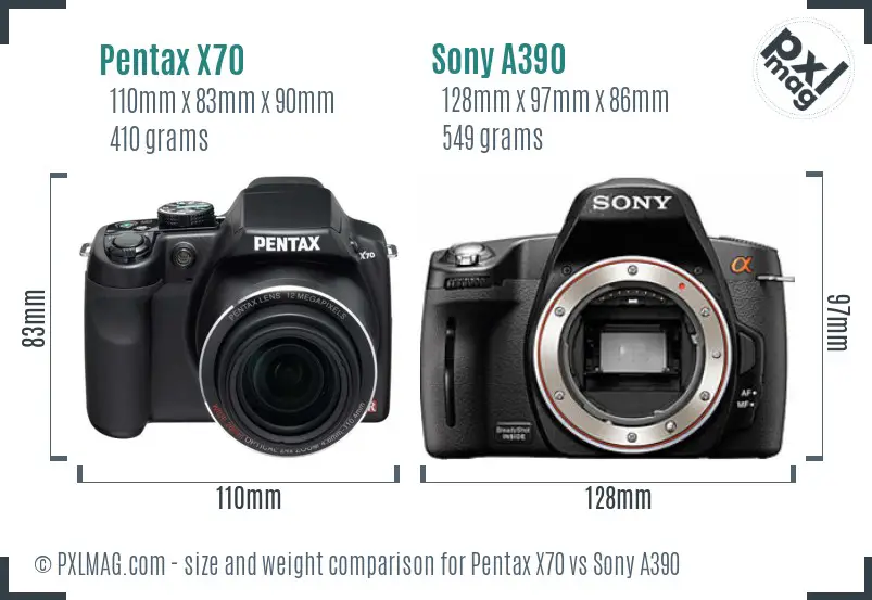 Pentax X70 vs Sony A390 size comparison