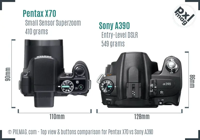 Pentax X70 vs Sony A390 top view buttons comparison