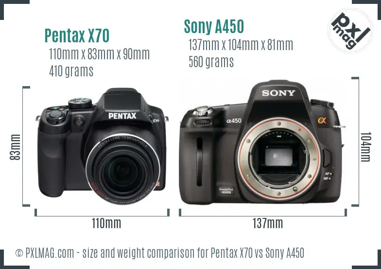 Pentax X70 vs Sony A450 size comparison