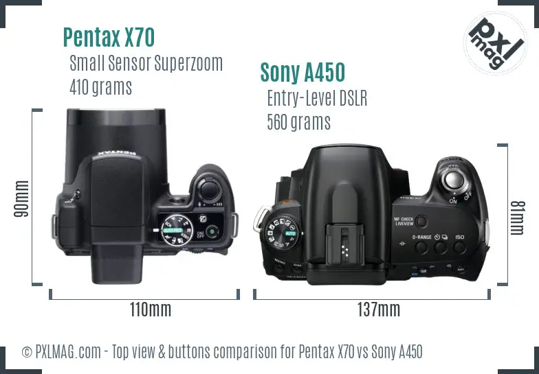 Pentax X70 vs Sony A450 top view buttons comparison