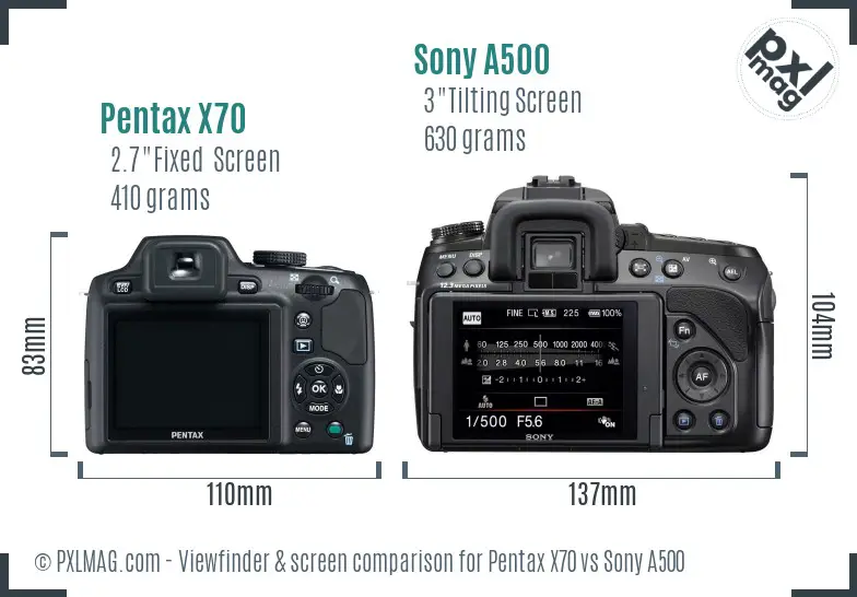 Pentax X70 vs Sony A500 Screen and Viewfinder comparison