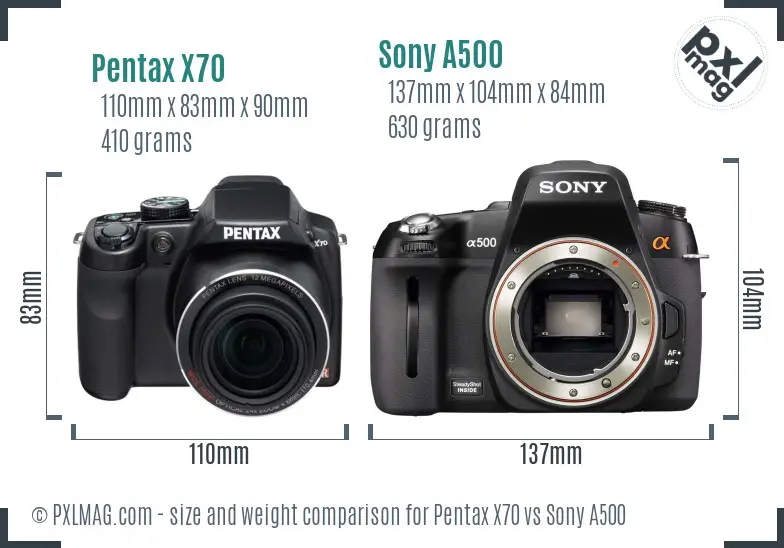 Pentax X70 vs Sony A500 size comparison