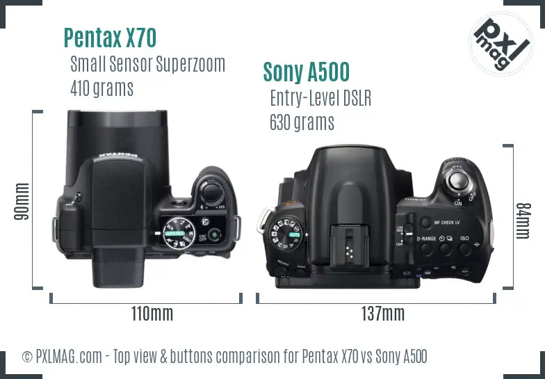 Pentax X70 vs Sony A500 top view buttons comparison