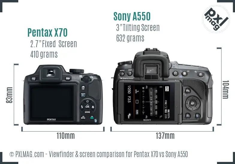 Pentax X70 vs Sony A550 Screen and Viewfinder comparison