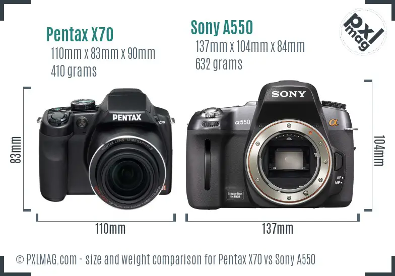 Pentax X70 vs Sony A550 size comparison