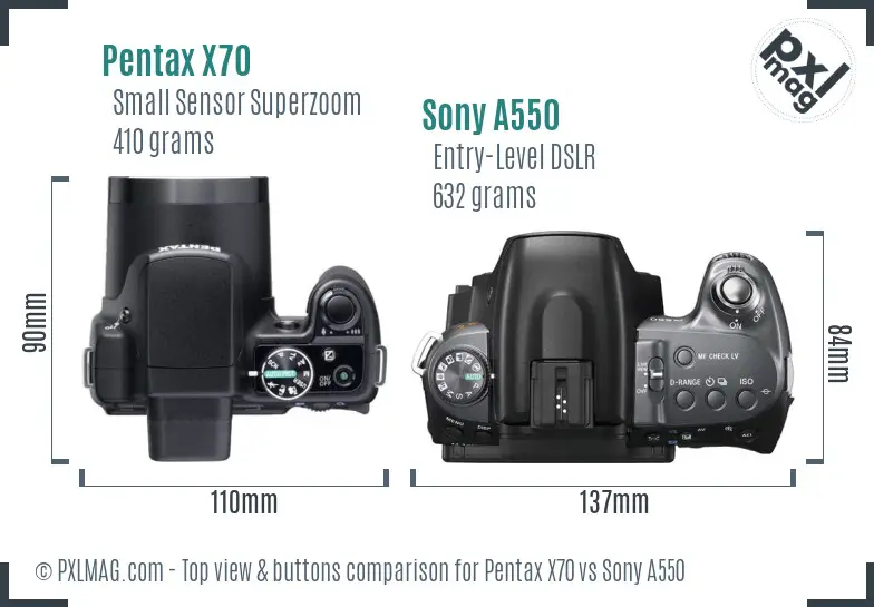 Pentax X70 vs Sony A550 top view buttons comparison