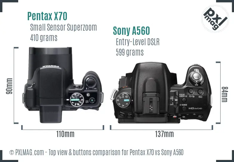 Pentax X70 vs Sony A560 top view buttons comparison
