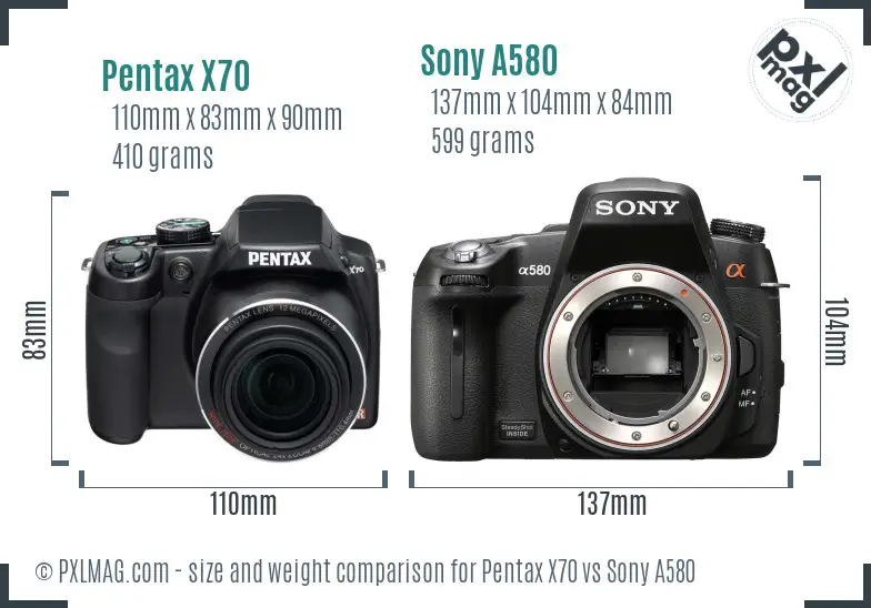 Pentax X70 vs Sony A580 size comparison