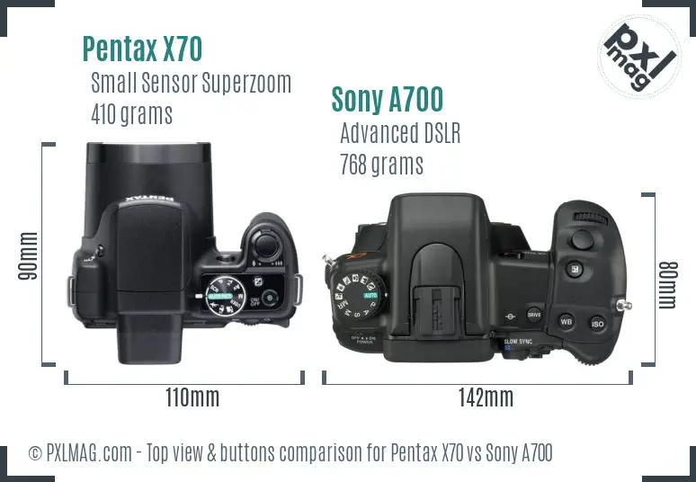 Pentax X70 vs Sony A700 top view buttons comparison