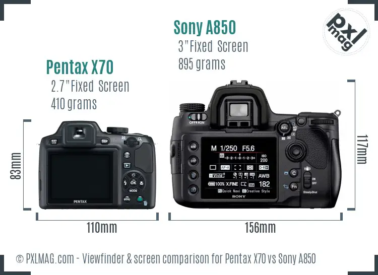 Pentax X70 vs Sony A850 Screen and Viewfinder comparison