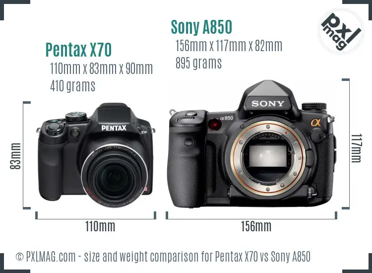 Pentax X70 vs Sony A850 size comparison